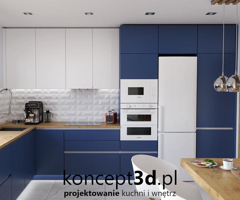 Granatowa kuchnia z drewnem