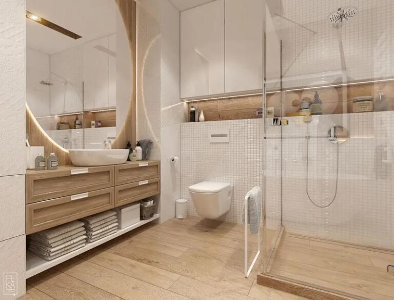 Biało-drewniana łazienka: Idealne połączenie nowoczesności i przytulności